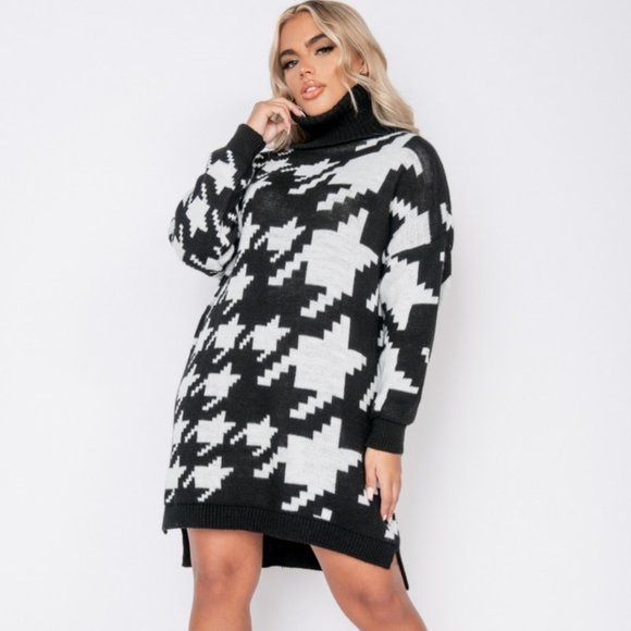 Black Knitted Houndstooth Long Sleeve Turtleneck Oversized Mini Sweater Dress - Picture 6 of 9